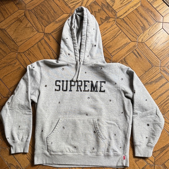 Supreme Light Gray Men's Hoodie with Eyelet Details - Picture 1 of 5